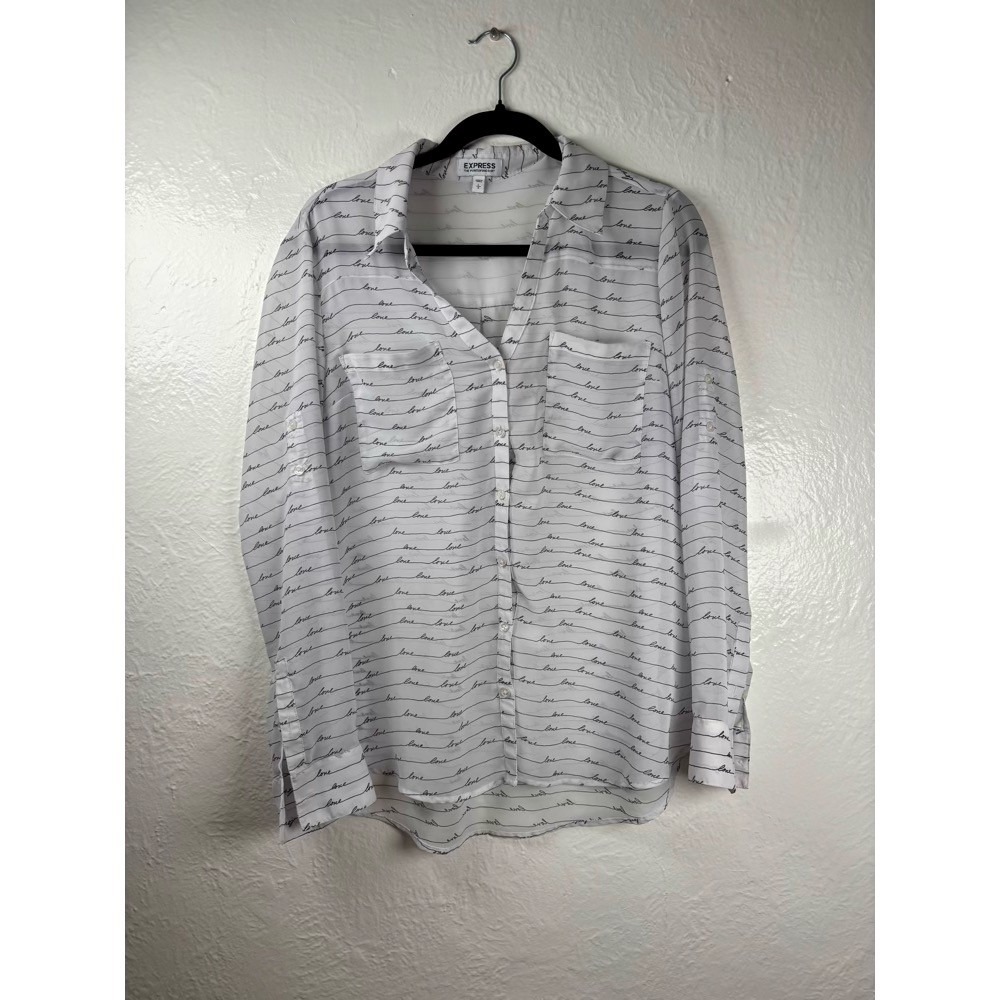 Express Portofino Shirt Womens Large Sheer White Black Love Script Button Up